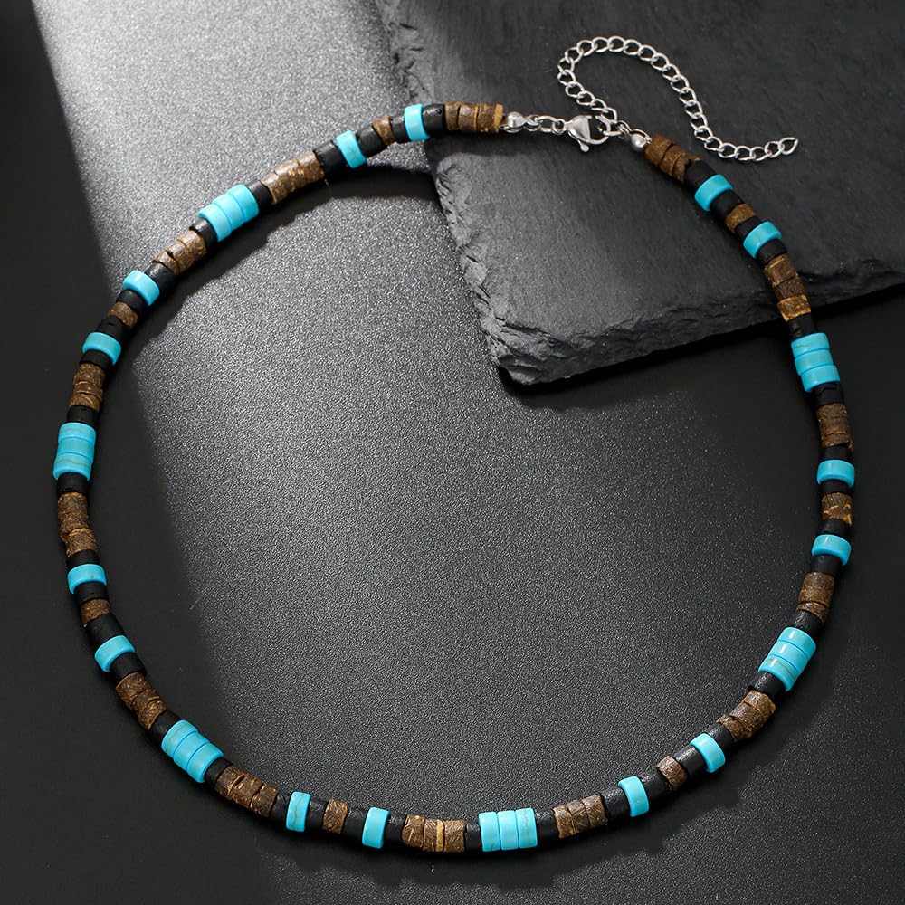Beaded Necklace for Men,Handmade Men Turquoise Beaded Choker,Natural Wood Bead Necklaces Africa Wooden Chain Statement Unisex Strand Necklaces Hip Hop Beach Jewelry