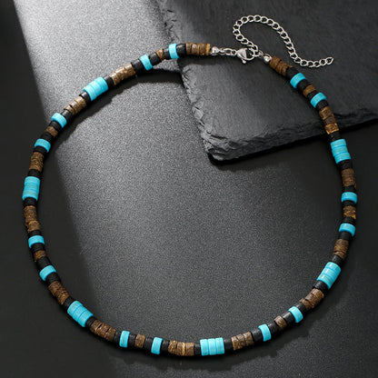 Beaded Necklace for Men,Handmade Men Turquoise Beaded Choker,Natural Wood Bead Necklaces Africa Wooden Chain Statement Unisex Strand Necklaces Hip Hop Beach Jewelry