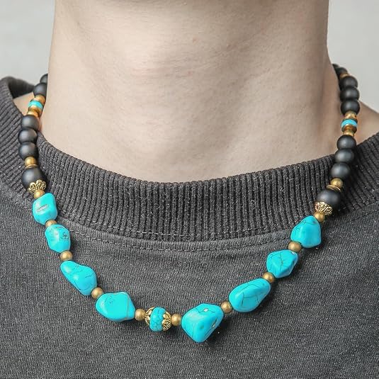 Beaded Necklace for Men,Handmade Men Turquoise Beaded Choker,Natural Wood Bead Necklaces Africa Wooden Chain Statement Unisex Strand Necklaces Hip Hop Beach Jewelry