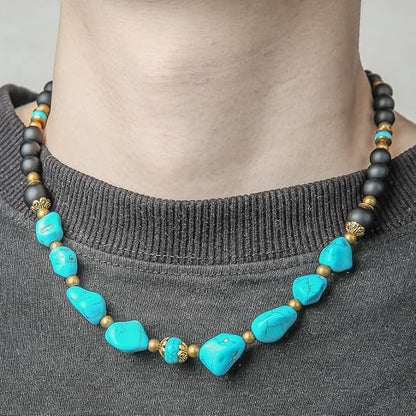 Beaded Necklace for Men,Handmade Men Turquoise Beaded Choker,Natural Wood Bead Necklaces Africa Wooden Chain Statement Unisex Strand Necklaces Hip Hop Beach Jewelry