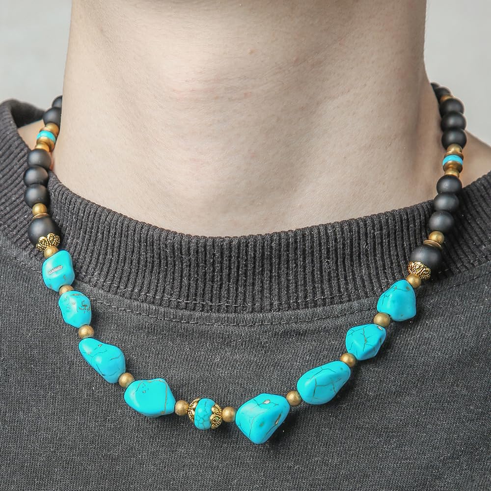 Beaded Necklace for Men,Handmade Men Turquoise Beaded Choker,Natural Wood Bead Necklaces Africa Wooden Chain Statement Unisex Strand Necklaces Hip Hop Beach Jewelry