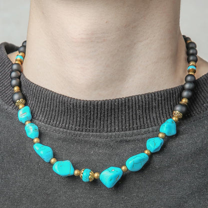 Beaded Necklace for Men,Handmade Men Turquoise Beaded Choker,Natural Wood Bead Necklaces Africa Wooden Chain Statement Unisex Strand Necklaces Hip Hop Beach Jewelry