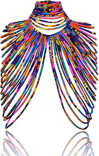African Necklace for Women, Ankara Multi-Strand Fabric Shawl-Style Statement Necklace, Handmade Tribal African Jewelry for Party, Festival & Wedding