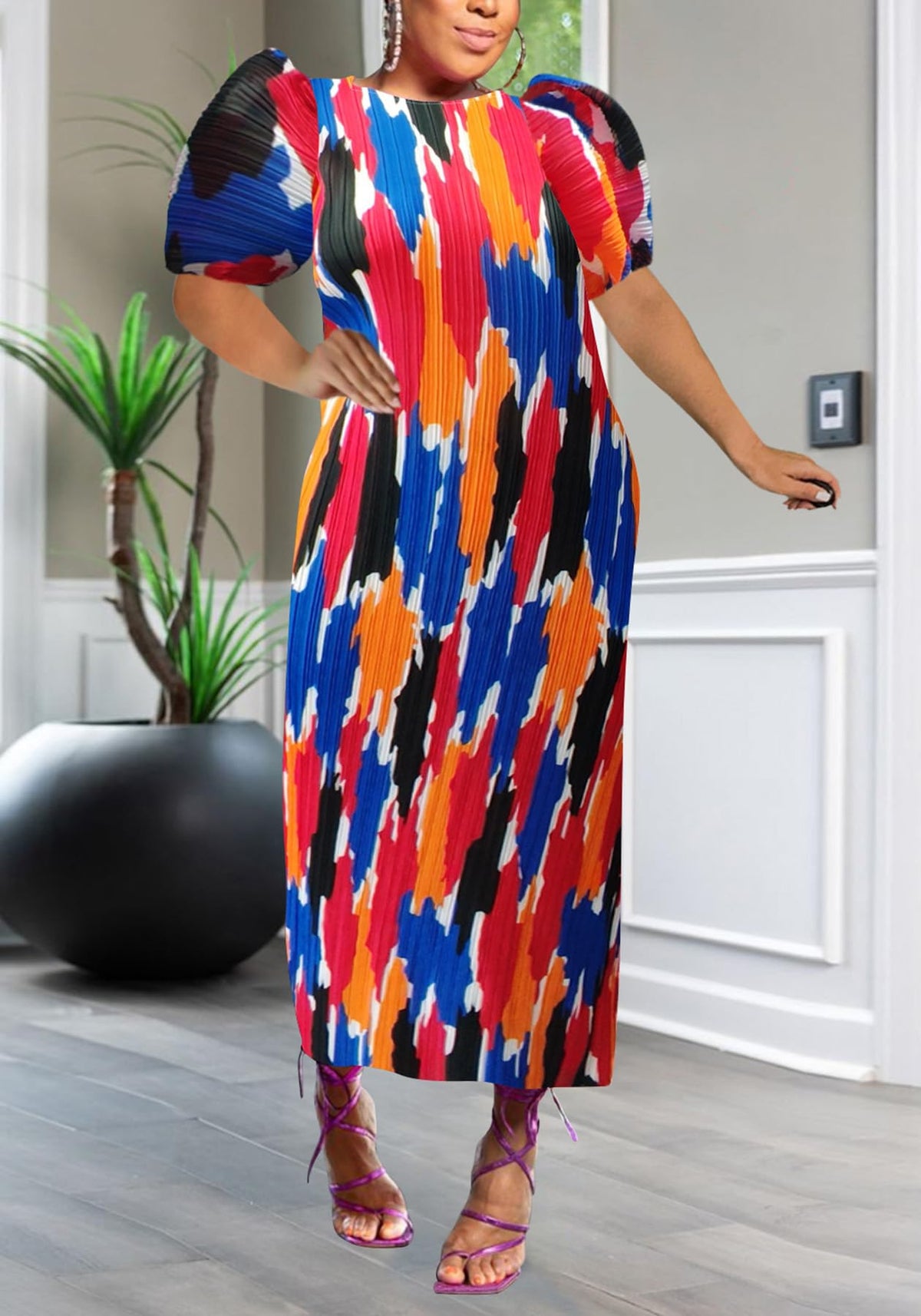 Women Colorful African Dress Floral Party Pleated Maxi Dress