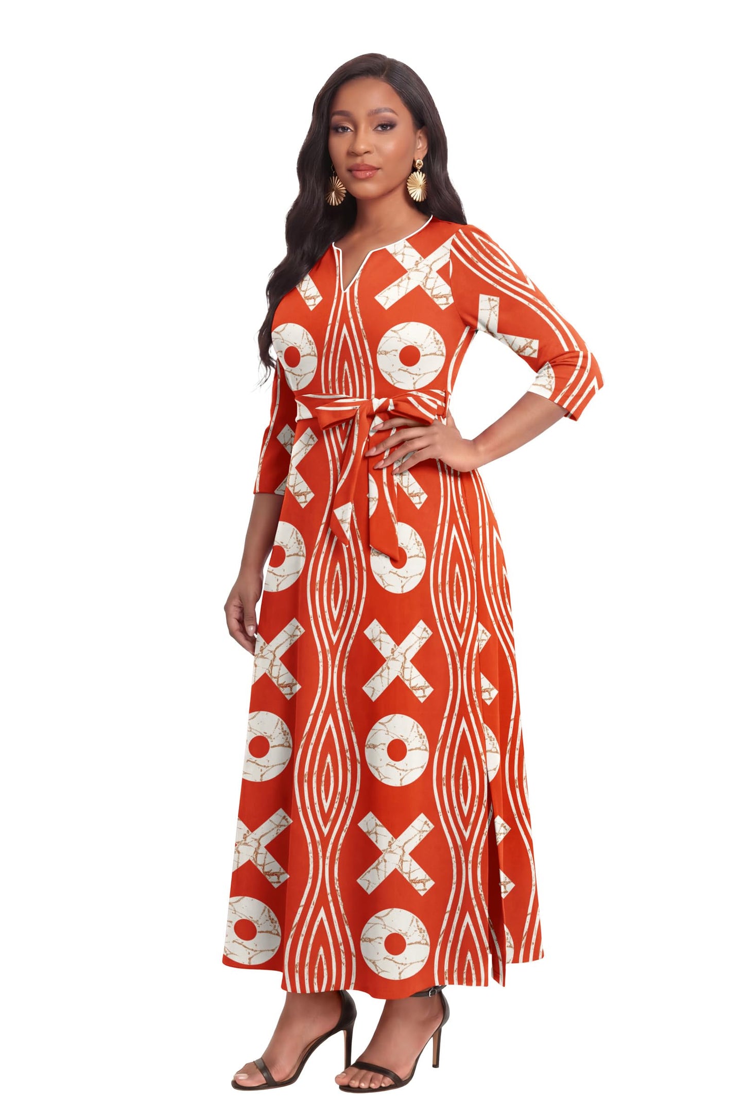 FANDEE African Attire Dresses for Women Elegant Print V Neck 3/4 Sleeve Belted Long Maxi Church Vintage Party Outfits