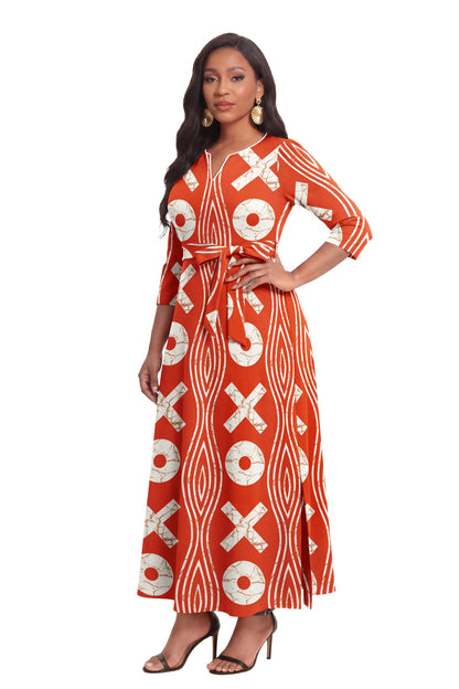 FANDEE African Attire Dresses for Women Elegant Print V Neck 3/4 Sleeve Belted Long Maxi Church Vintage Party Outfits