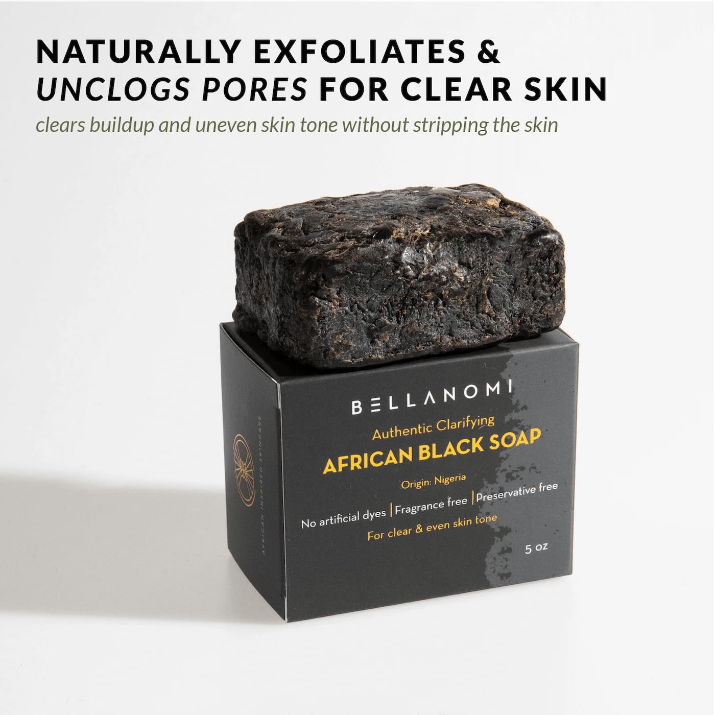 Bellanomi Clarifying African Black Soap Bar for Acne Dark Spots & Oily Skin Authentic Sourced from Nigeria All Natural Cleanser for Face & Body 5 oz