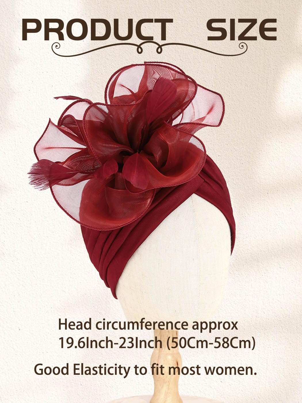 Woeoe Flower Turban Cap 20s Feather Fascinator Headwrap for Women