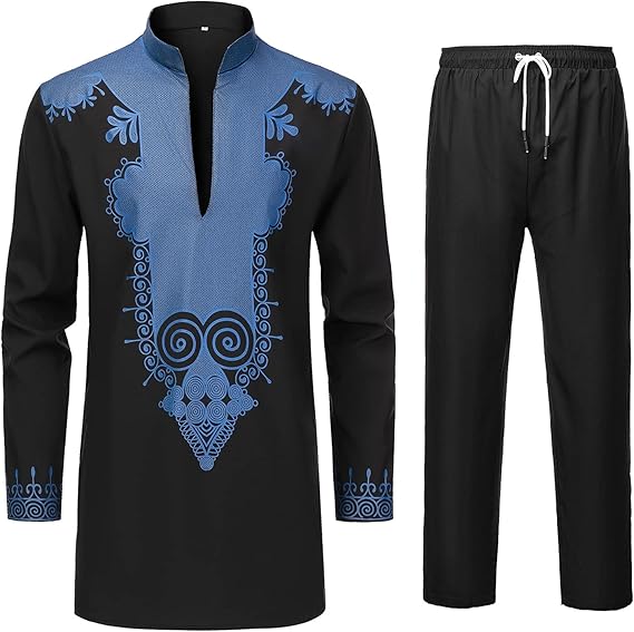 YND Men’s 2 Piece Set African Dashiki Shirt and Pants, Outfit with Gold Print