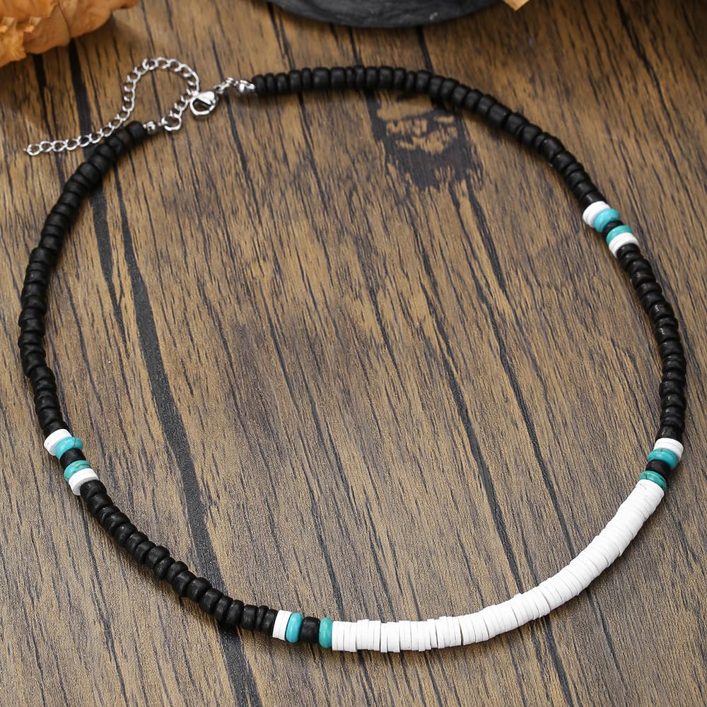 Beaded Necklace for Men,Handmade Men Turquoise Beaded Choker,Natural Wood Bead Necklaces Africa Wooden Chain Statement Unisex Strand Necklaces Hip Hop Beach Jewelry