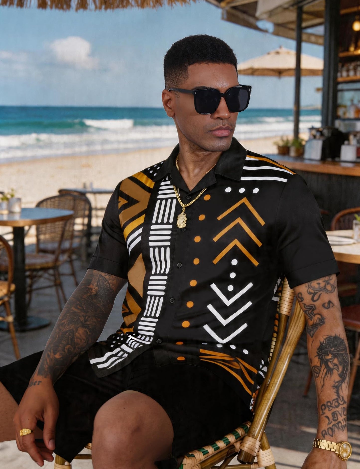 Mens African Dashiki Kente Printed Shirts Cuban Collar Short Sleeve Button Down Vintage Beach Summer Hawaiian Shirts