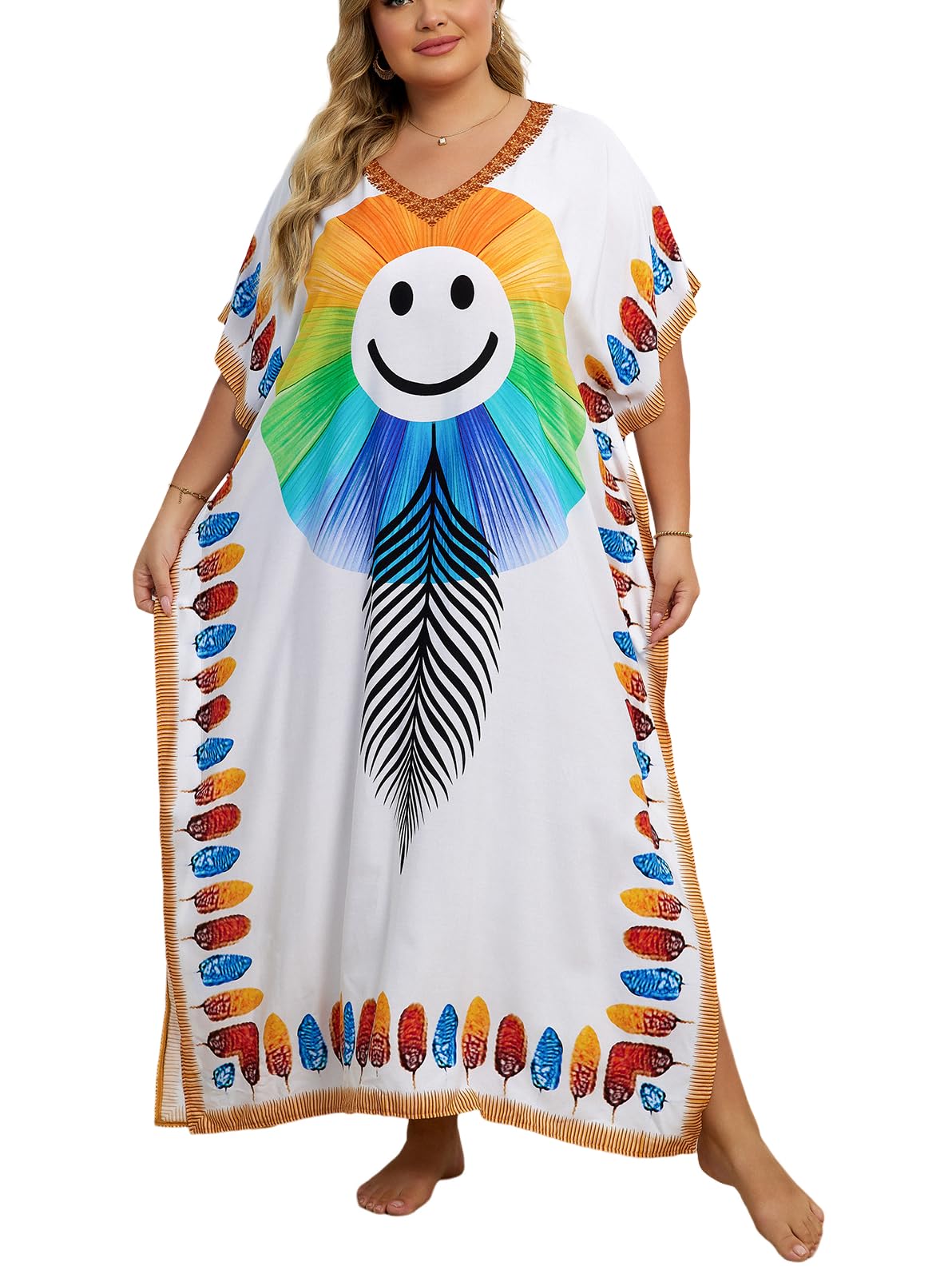KECVOT Kaftan Dresses for Women V-Neck Print Swimsuit Cover Up Plus Size Beach Caftan Lounge Dress