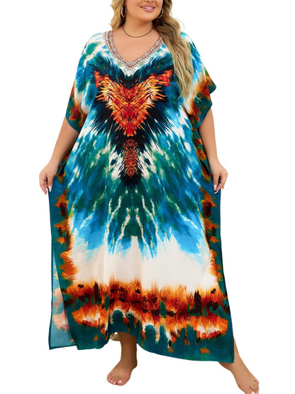 KECVOT Kaftan Dresses for Women V-Neck Print Swimsuit Cover Up Plus Size Beach Caftan Lounge Dress