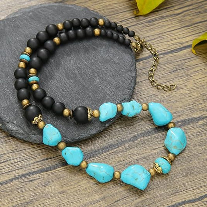Beaded Necklace for Men,Handmade Men Turquoise Beaded Choker,Natural Wood Bead Necklaces Africa Wooden Chain Statement Unisex Strand Necklaces Hip Hop Beach Jewelry