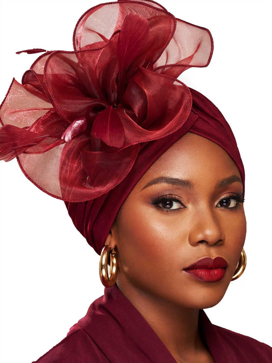 Woeoe Flower Turban Cap 20s Feather Fascinator Headwrap for Women