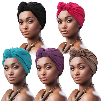 DRESHOW 5 Pack Knotted Headwraps for Women African Turban Pre-Knotted Beanie Headwraps Hair Covers
