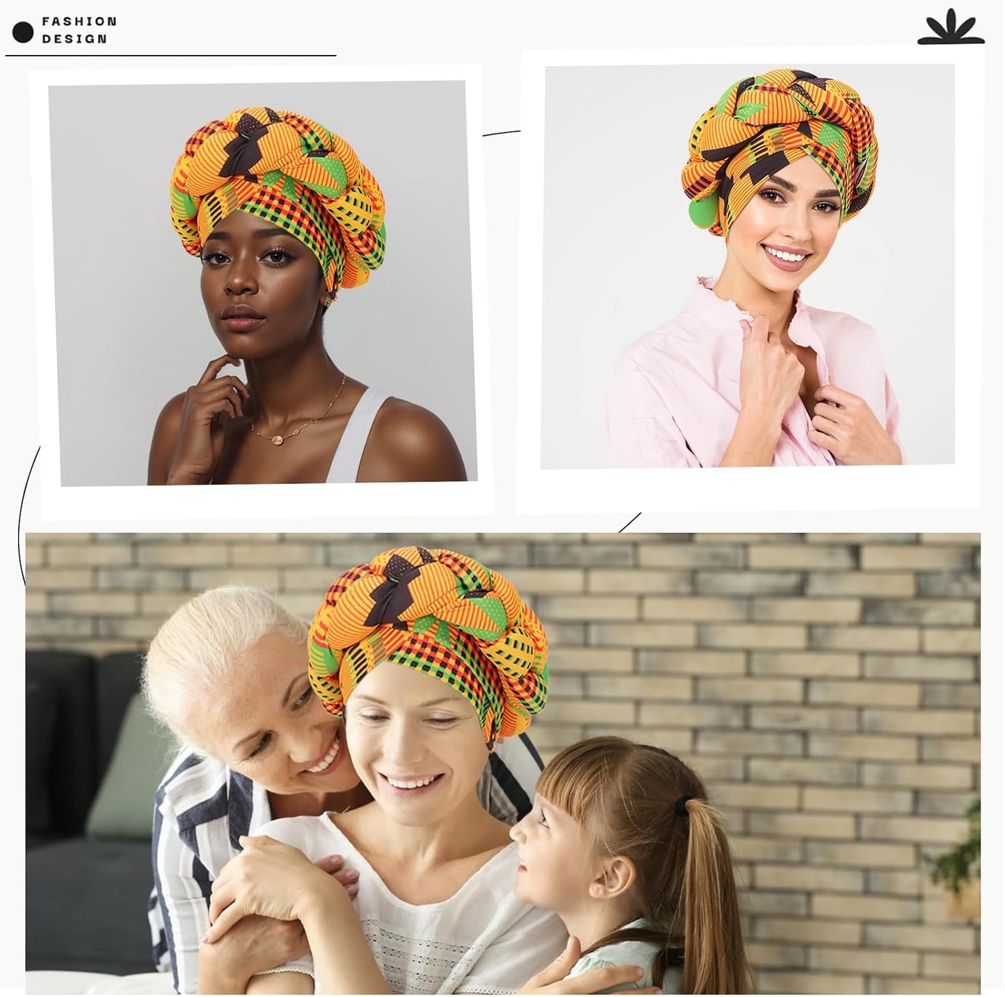 XEPST African Turban Head Wraps Big Braid Cross Turban Hat for Women, Printed Head Wrap Pre-Tied Stretchy Soft Fashion Headwear for Women, Yellow