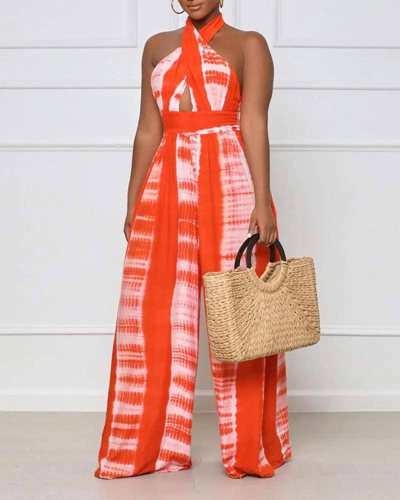 Print halter backless high waist wide leg jumpsuit: ORANGE / 1-1-1-1 / S-M-L-XL