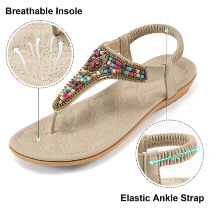 Ecetana Women's Flat Sandals Comfort Beaded Boho Summer Ankle Strap