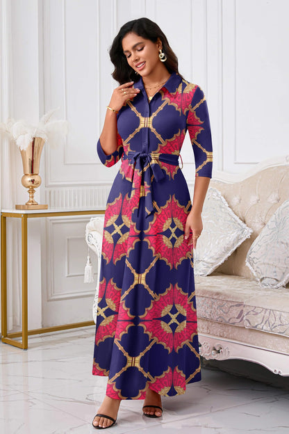 Rumwind Maxi Dresses for Women, 3/4 Sleeve Shirt Collar Casual Afircan Print Church Dress Button Down with Belt and Pockets