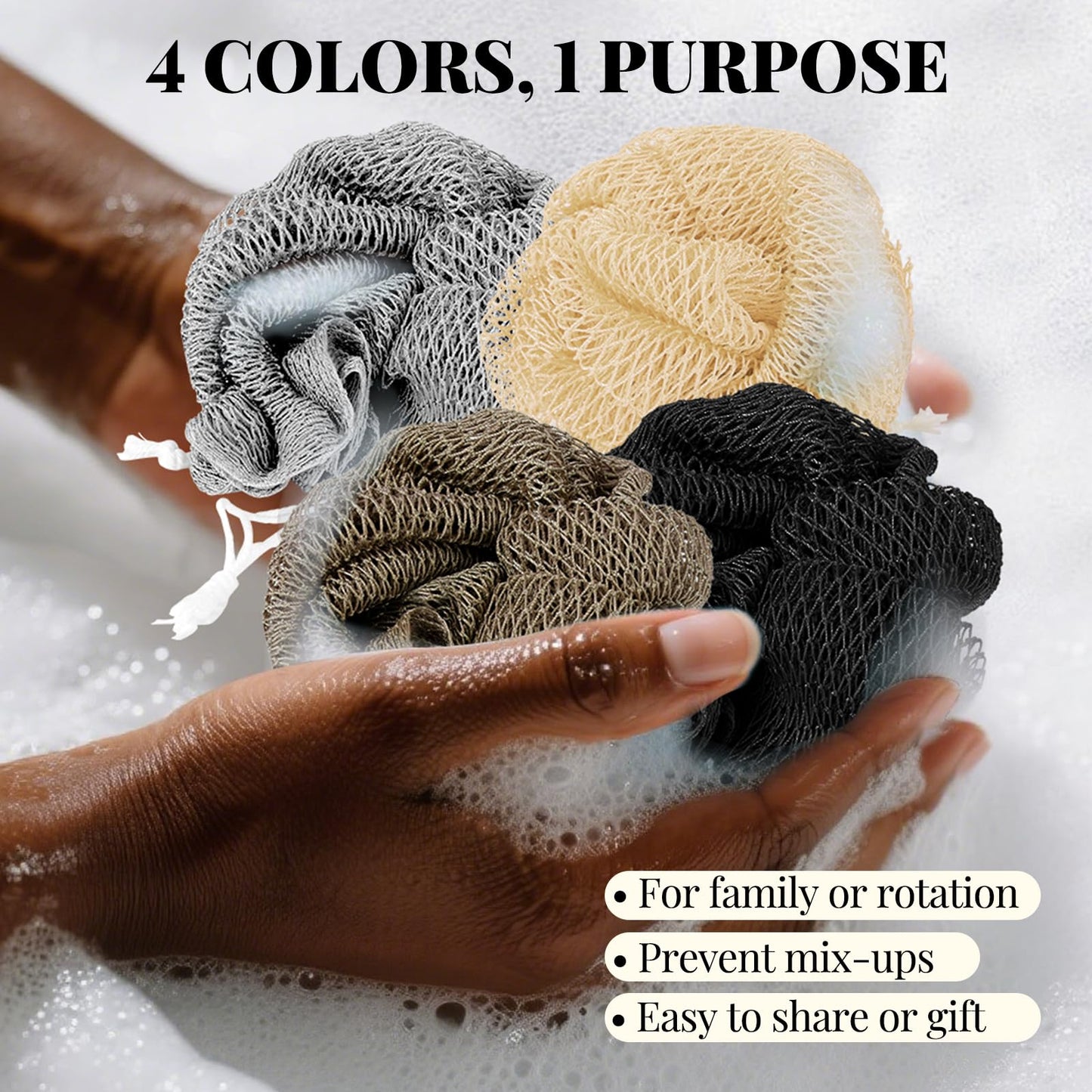 African Net Sponge Authentic-4 Packs African Exfoliating Net Sponge,Bath Sponges for Shower,42 inch Long for Normal to Sensitive Skin, for Daily use, Body Exfoliator Shower (Green,Pink,Blue,Grey)