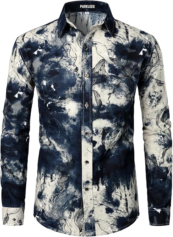 PARKLEES Men's Cotton Linen-Like 70s Disco Retro Traditional Pattern Printed Long Sleeve Button Down Shirt
