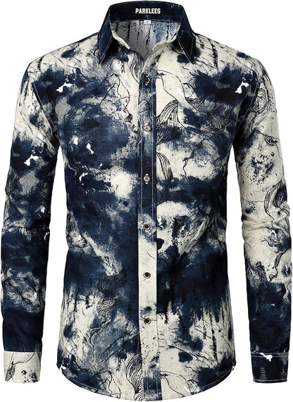 PARKLEES Men's Cotton Linen-Like 70s Disco Retro Traditional Pattern Printed Long Sleeve Button Down Shirt