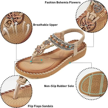 Aomigoct Sandals Women Flat Shoes: Dressy Summer Bohemian Flats Shoes for Women Sandals Comfortable Ankle Strap Outdoor Walking