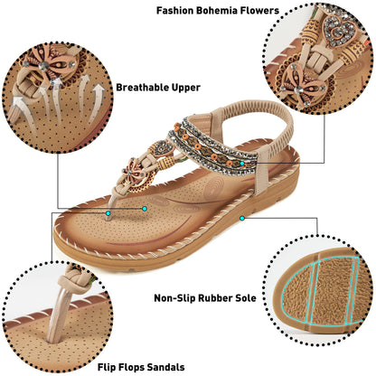 Aomigoct Sandals Women Flat Shoes: Dressy Summer Bohemian Flats Shoes for Women Sandals Comfortable Ankle Strap Outdoor Walking