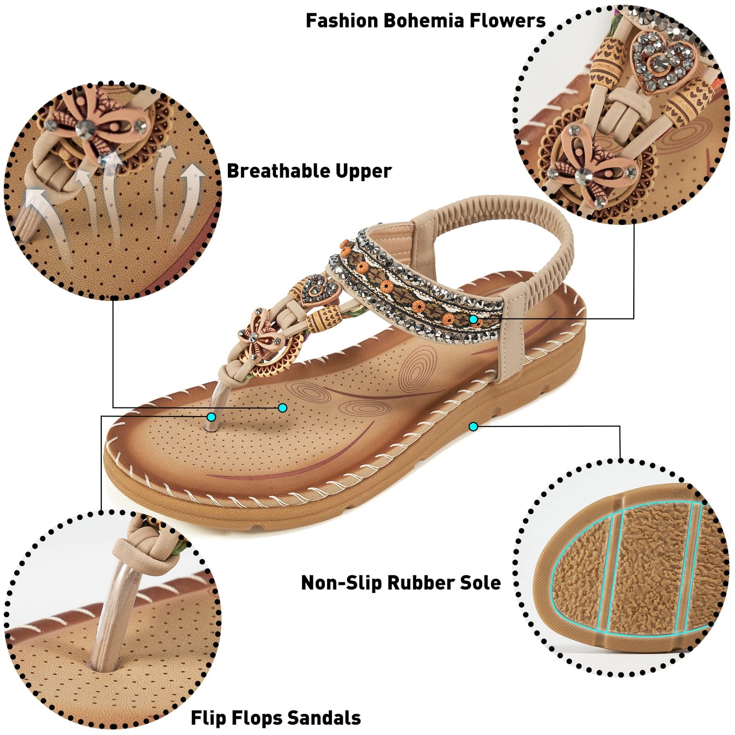 Aomigoct Sandals Women Flat Shoes: Dressy Summer Bohemian Flats Shoes for Women Sandals Comfortable Ankle Strap Outdoor Walking