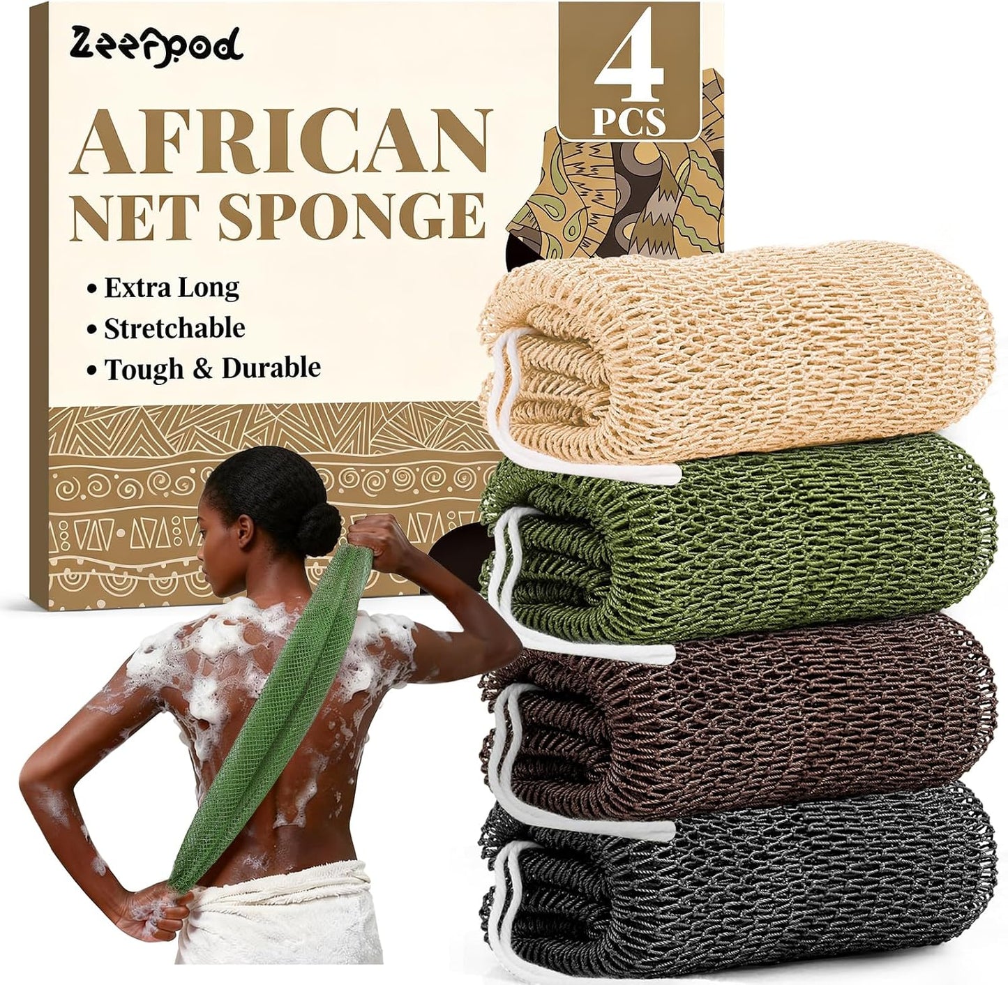African Net Sponge Authentic-4 Packs African Exfoliating Net Sponge,Bath Sponges for Shower,42 inch Long for Normal to Sensitive Skin, for Daily use, Body Exfoliator Shower (Green,Pink,Blue,Grey)