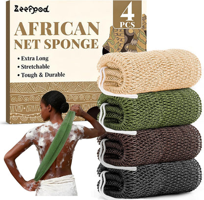African Net Sponge Authentic-4 Packs African Exfoliating Net Sponge,Bath Sponges for Shower,42 inch Long for Normal to Sensitive Skin, for Daily use, Body Exfoliator Shower (Green,Pink,Blue,Grey)