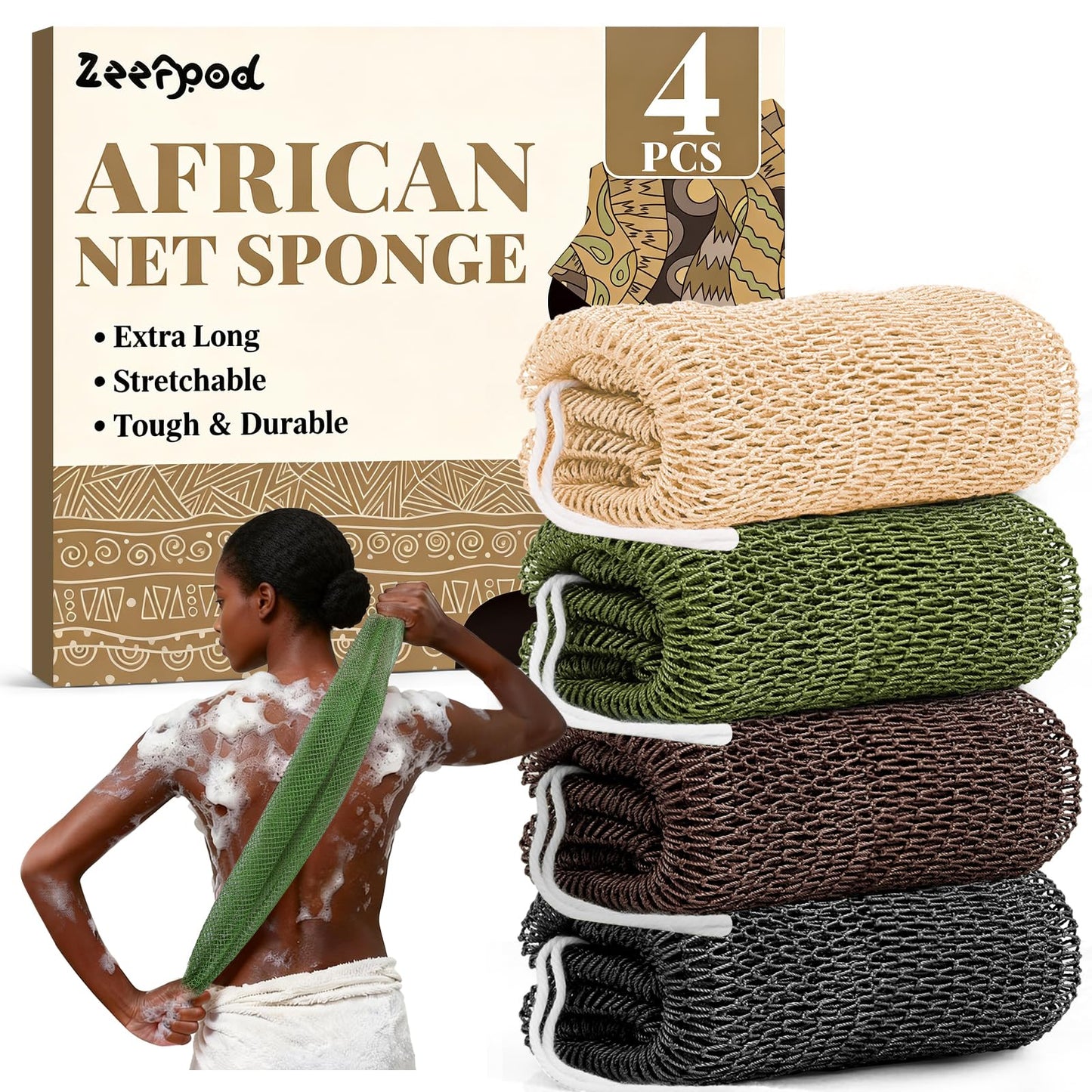 African Net Sponge Authentic-4 Packs African Exfoliating Net Sponge,Bath Sponges for Shower,42 inch Long for Normal to Sensitive Skin, for Daily use, Body Exfoliator Shower (Green,Pink,Blue,Grey)