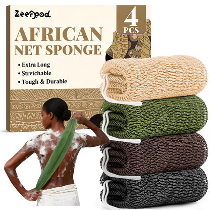African Net Sponge Authentic-4 Packs African Exfoliating Net Sponge,Bath Sponges for Shower,42 inch Long for Normal to Sensitive Skin, for Daily use, Body Exfoliator Shower (Green,Pink,Blue,Grey)