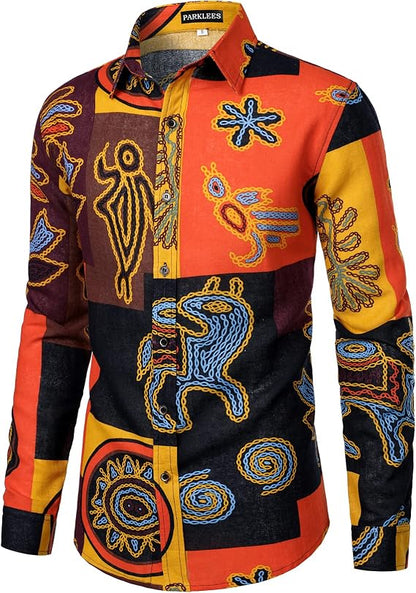 PARKLEES Men's Cotton Linen-Like 70s Disco Retro Traditional Pattern Printed Long Sleeve Button Down Shirt