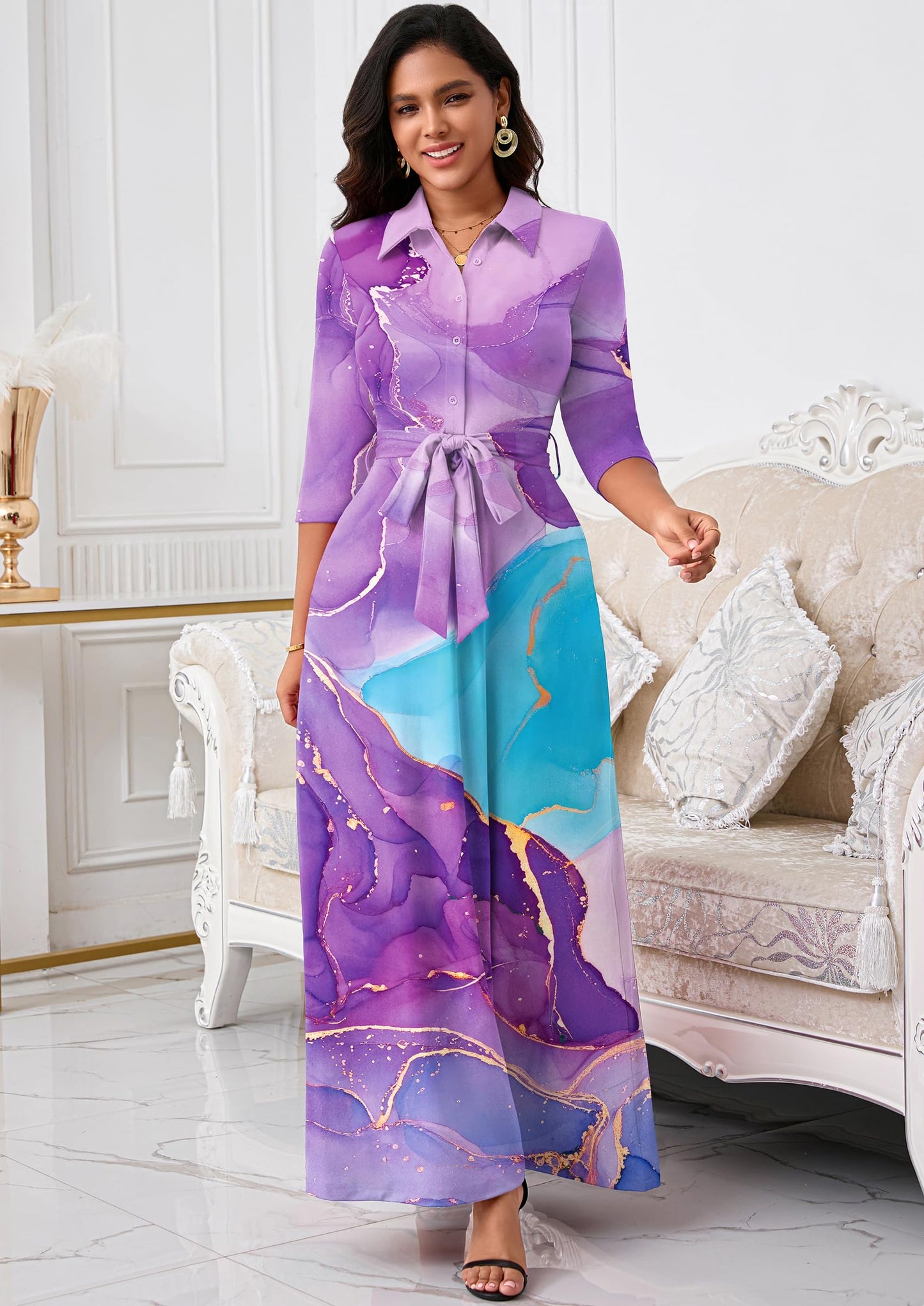 Rumwind Maxi Dresses for Women, 3/4 Sleeve Shirt Collar Casual Afircan Print Church Dress Button Down with Belt and Pockets