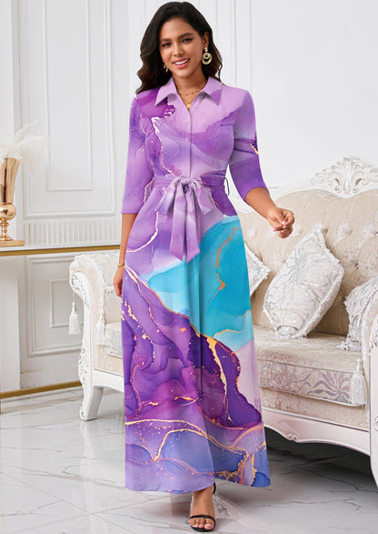 Rumwind Maxi Dresses for Women, 3/4 Sleeve Shirt Collar Casual Afircan Print Church Dress Button Down with Belt and Pockets