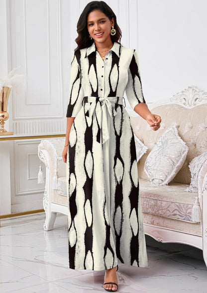 Rumwind Maxi Dresses for Women, 3/4 Sleeve Shirt Collar Casual Afircan Print Church Dress Button Down with Belt and Pockets