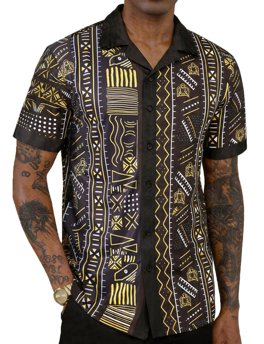 Mens African Dashiki Kente Printed Shirts Cuban Collar Short Sleeve Button Down Vintage Beach Summer Hawaiian Shirts
