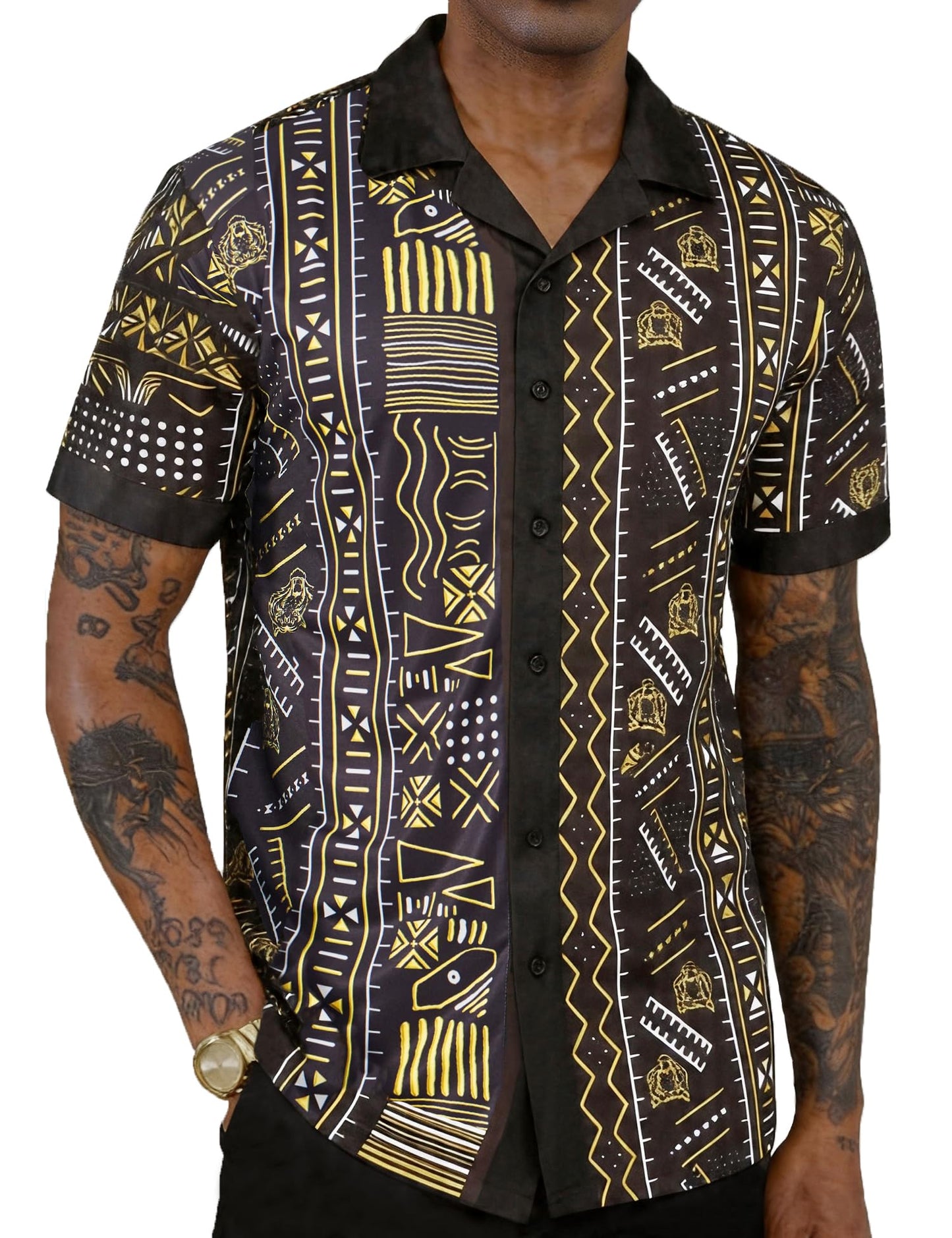 Mens African Dashiki Kente Printed Shirts Cuban Collar Short Sleeve Button Down Vintage Beach Summer Hawaiian Shirts