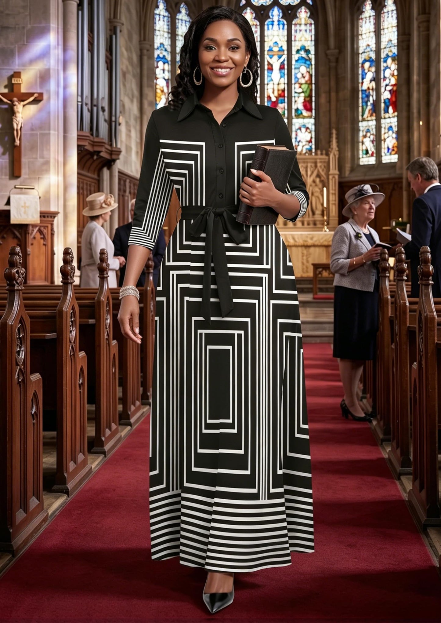 Rumwind Maxi Dresses for Women, 3/4 Sleeve Shirt Collar Casual Afircan Print Church Dress Button Down with Belt and Pockets