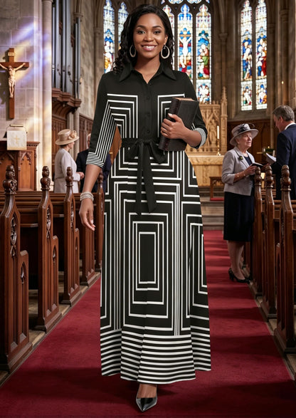 Rumwind Maxi Dresses for Women, 3/4 Sleeve Shirt Collar Casual Afircan Print Church Dress Button Down with Belt and Pockets