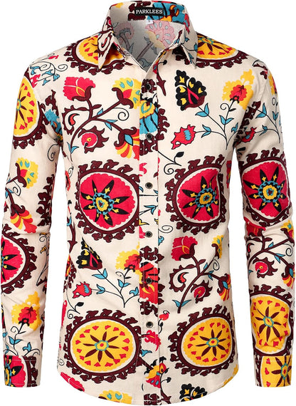 PARKLEES Men's Cotton Linen-Like 70s Disco Retro Traditional Pattern Printed Long Sleeve Button Down Shirt