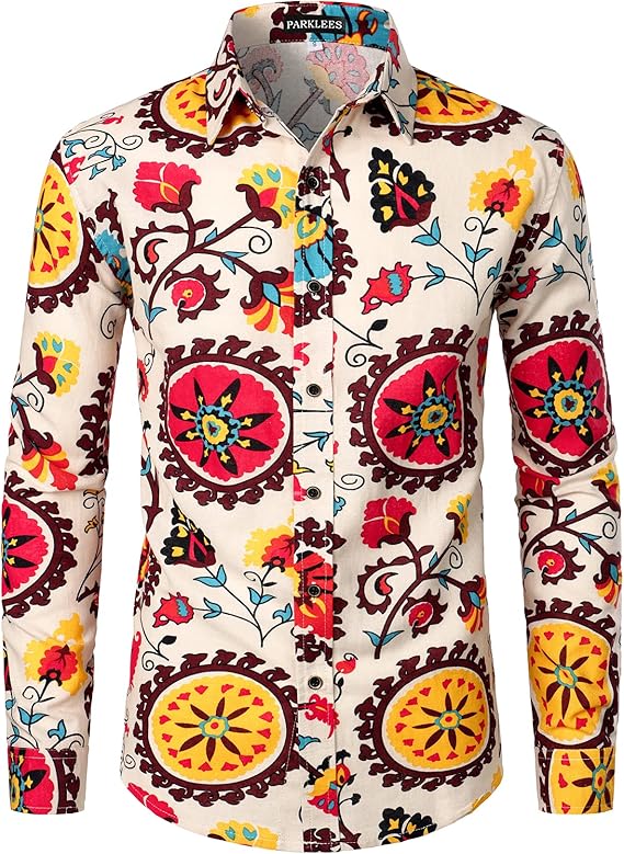 PARKLEES Men's Cotton Linen-Like 70s Disco Retro Traditional Pattern Printed Long Sleeve Button Down Shirt