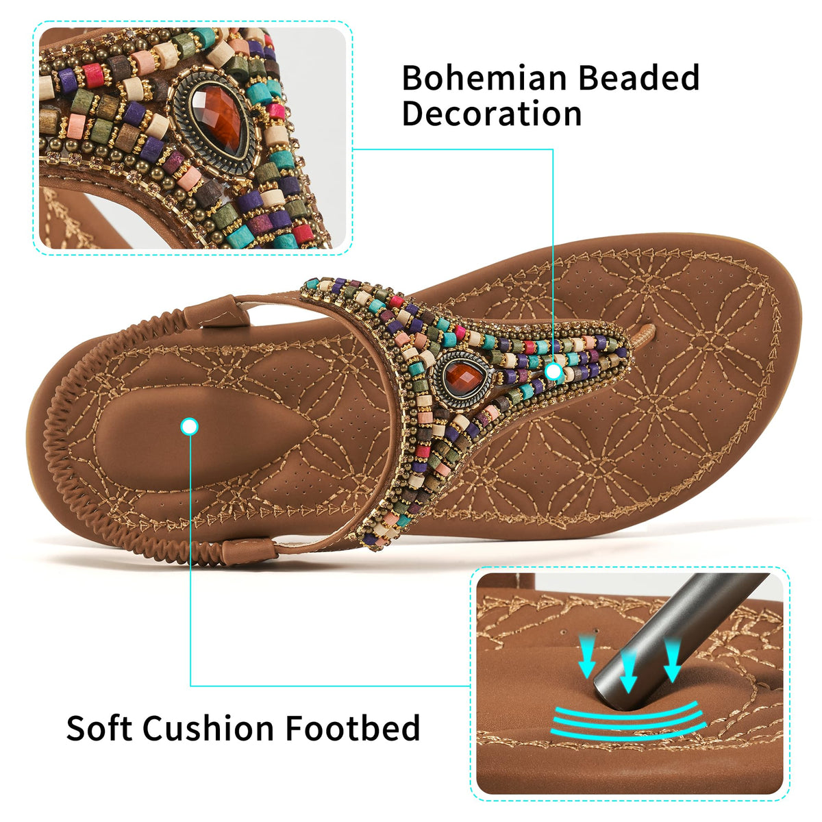 Ecetana Women's Flat Sandals Comfort Beaded Boho Summer Ankle Strap