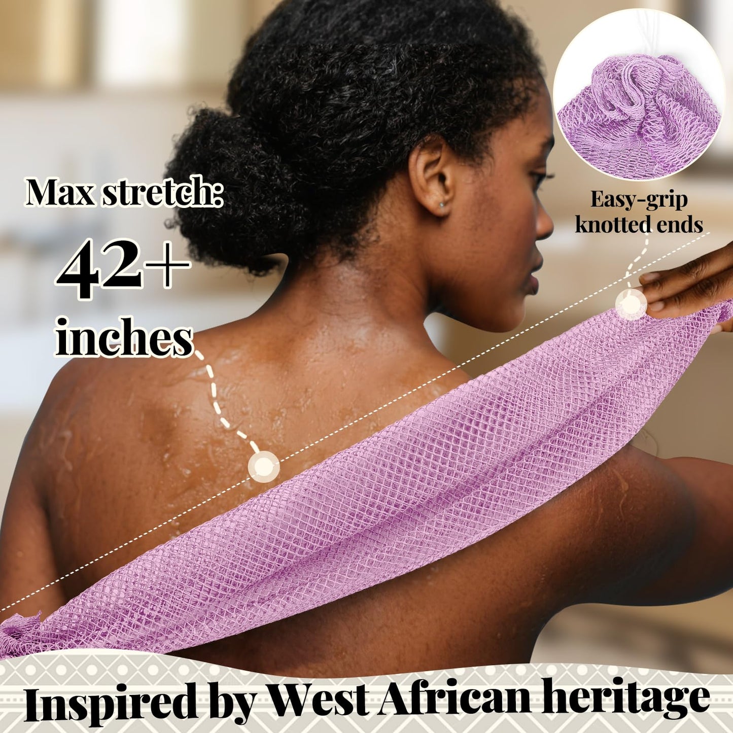 African Net Sponge Authentic-4 Packs African Exfoliating Net Sponge,Bath Sponges for Shower,42 inch Long for Normal to Sensitive Skin, for Daily use, Body Exfoliator Shower (Green,Pink,Blue,Grey)