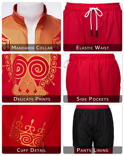 YND Men’s 2 Piece Set African Dashiki Shirt and Pants, Outfit with Gold Print