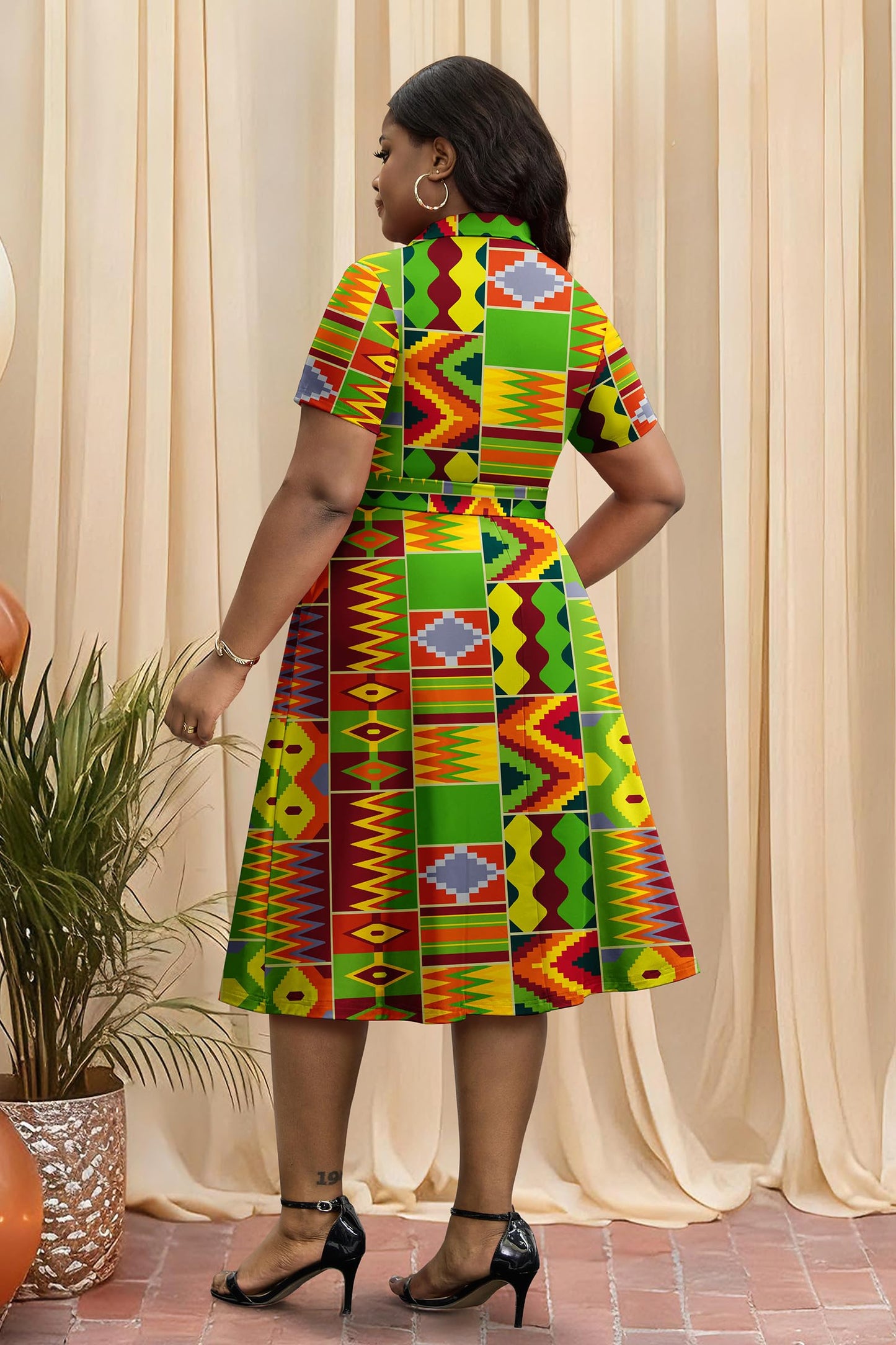 FANDEE Plus Size Dresses, Women Summer Casual V Neck Short Sleeve A-Line Work Cocktail Shirt Midi Dress with Belt and Pockets