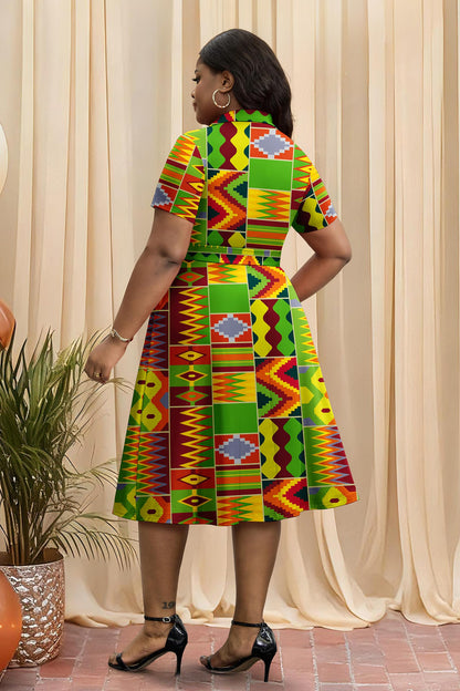 FANDEE Plus Size Dresses, Women Summer Casual V Neck Short Sleeve A-Line Work Cocktail Shirt Midi Dress with Belt and Pockets