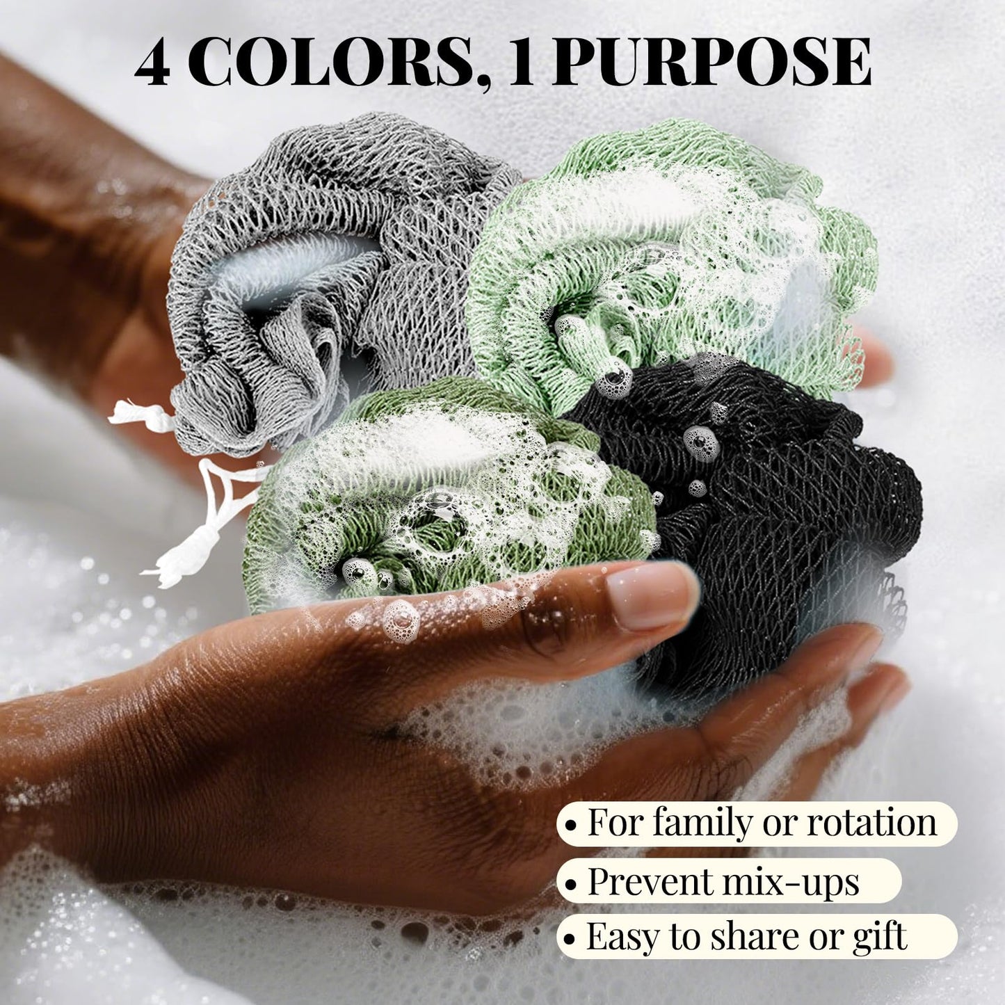 African Net Sponge Authentic-4 Packs African Exfoliating Net Sponge,Bath Sponges for Shower,42 inch Long for Normal to Sensitive Skin, for Daily use, Body Exfoliator Shower (Green,Pink,Blue,Grey)